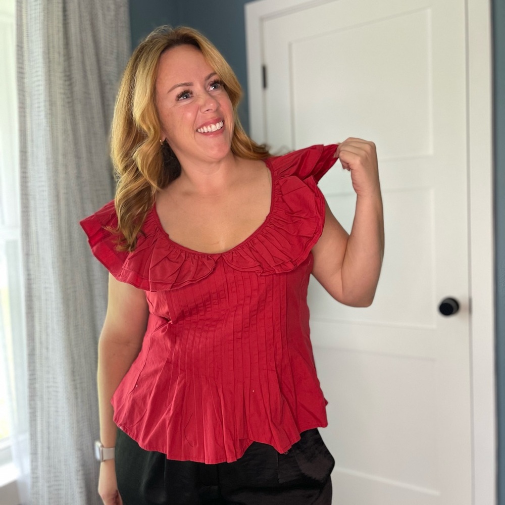 NWT Anthropologie Blouse | Large Petite | Cotton flutter sleeve red top